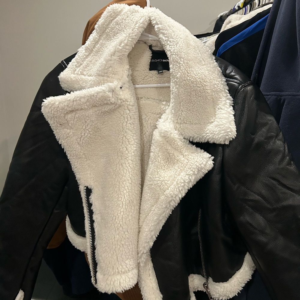 Fashion Nova Black and Cream Teddy Jacket